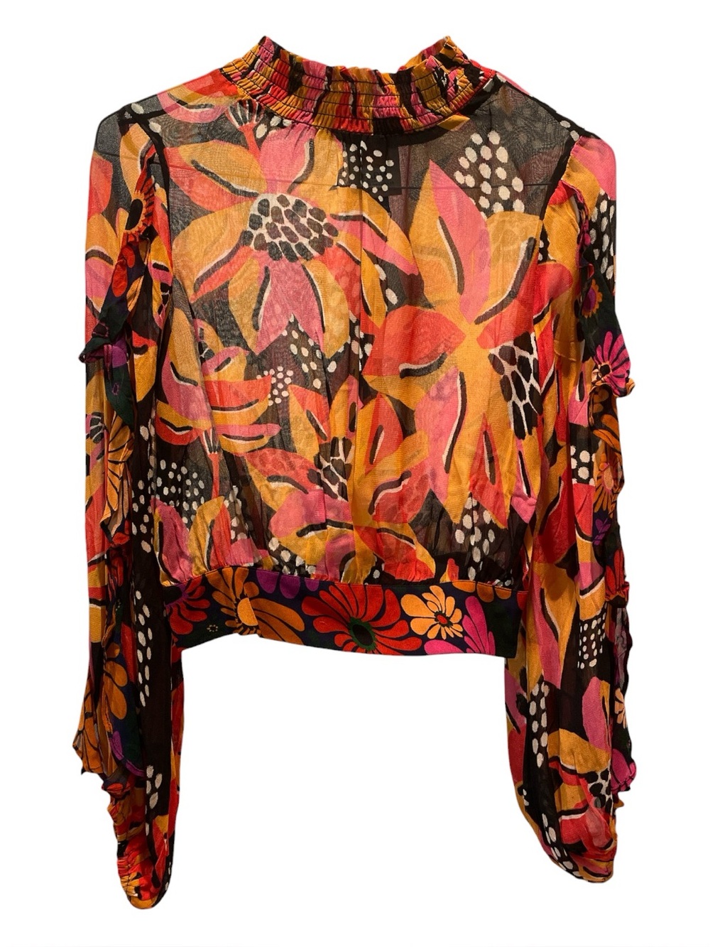 FARM Rio Sheer Ruffled Blouse | Orange Motif - Picture 3 of 12